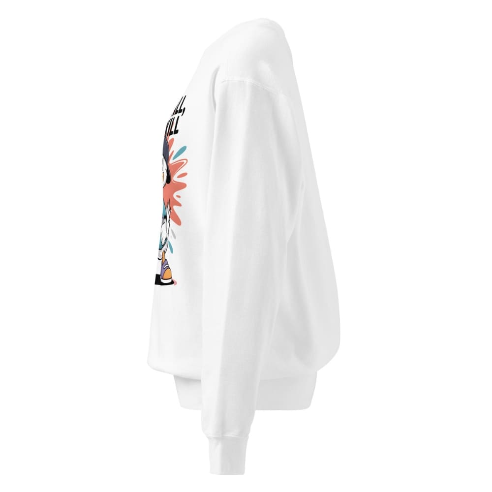 White sweatshirt with colorful graphic on a white background