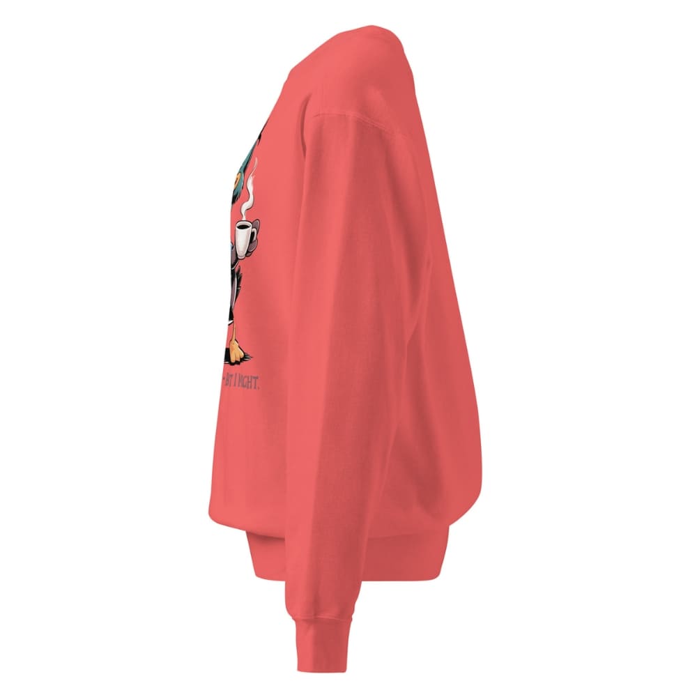 Red sweatshirt with a graphic design on the sleeve against a white background