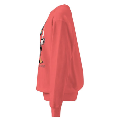 Red sweatshirt with a graphic design on the sleeve against a white background