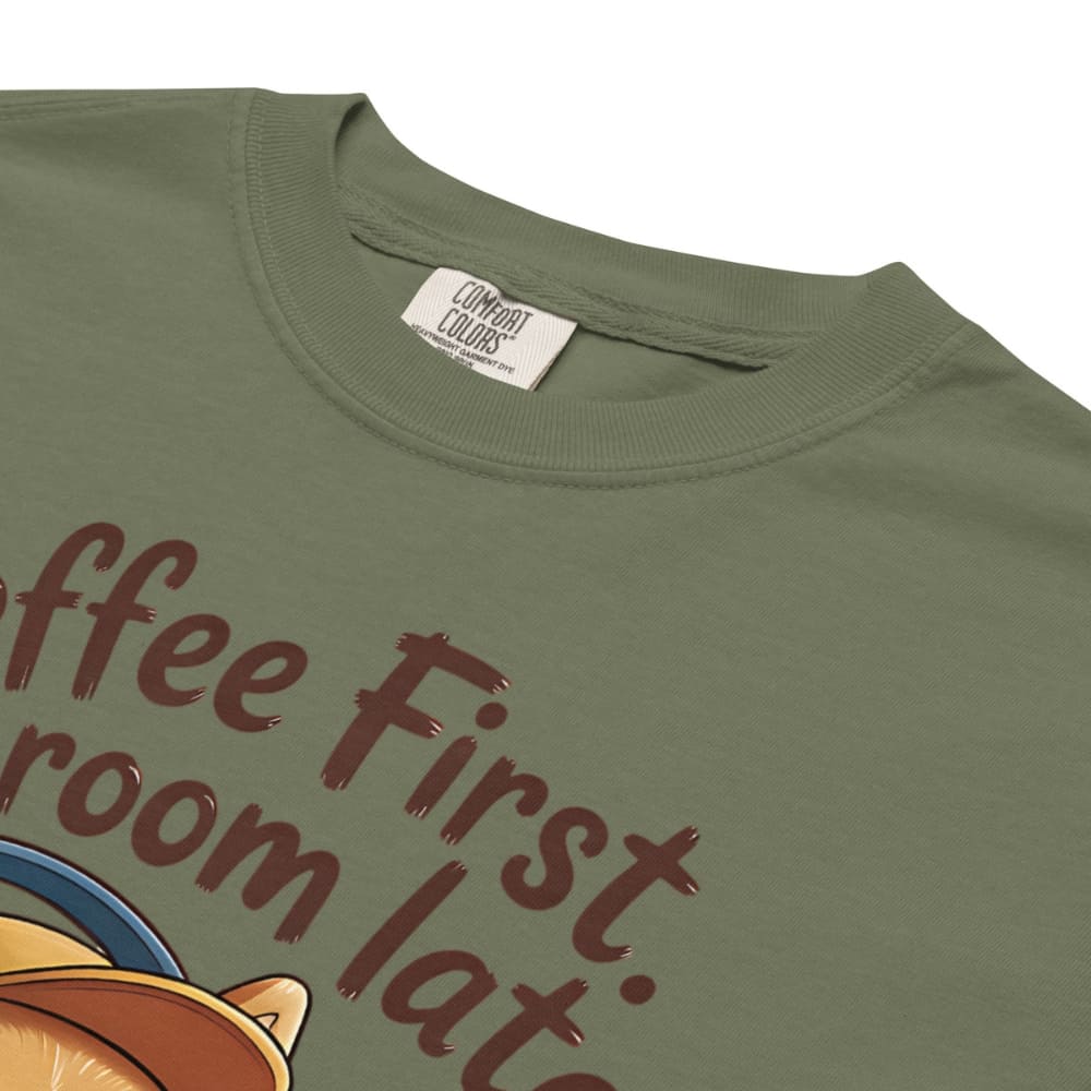 Green t-shirt with text 'Coffee First, room later' and a fox graphic on a white background.