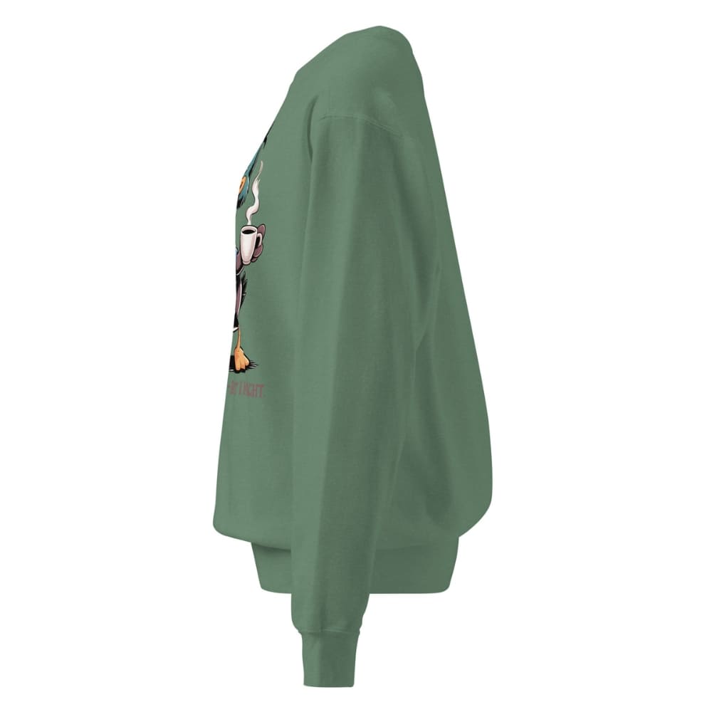 Green sweatshirt with a small graphic on the chest against a white background