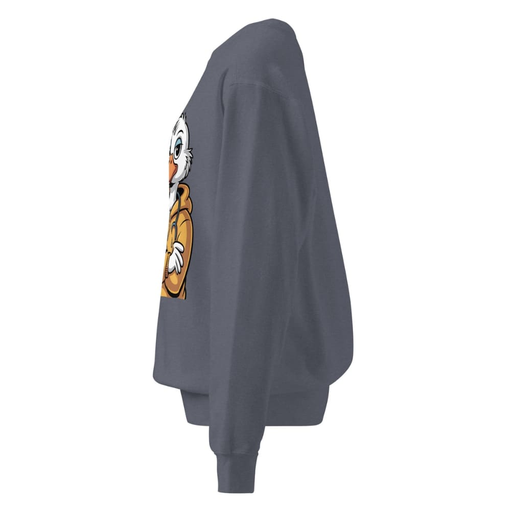 Gray sweatshirt with a cartoon character on the back against a white background