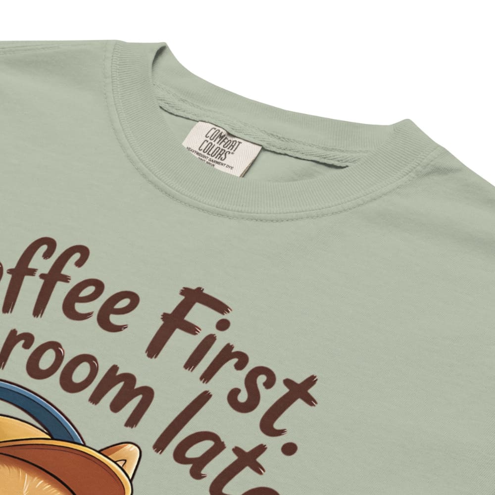 Light green t-shirt with text and a fox graphic, featuring the brand 'Comfort Colors'.