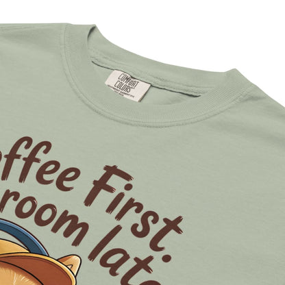 Light green t-shirt with text and a fox graphic, featuring the brand 'Comfort Colors'.