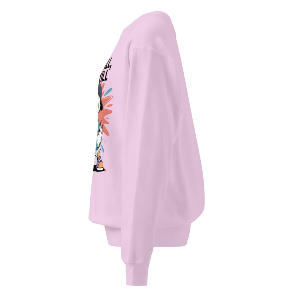 Light pink sweatshirt with a colorful graphic on the back against a white background