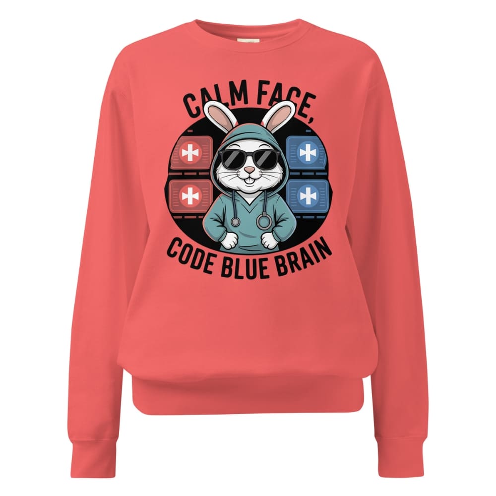 Red sweatshirt with a graphic design of a cartoon character and text on a white background