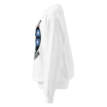 White sweatshirt with a logo on the sleeve against a white background