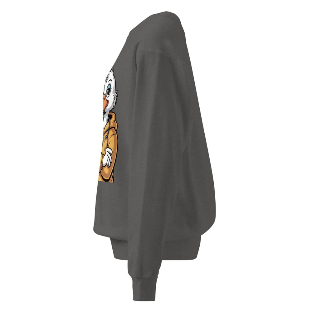 Gray sweatshirt with a cartoon character on the back against a white background