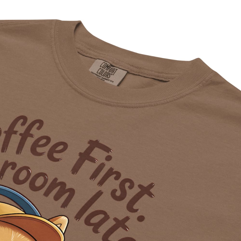 Brown t-shirt with text and a graphic of a cat, featuring the 'Comfort Colors' brand label.
