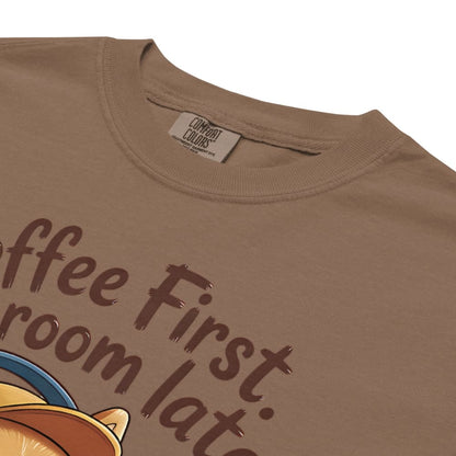 Brown t-shirt with text and a graphic of a cat, featuring the 'Comfort Colors' brand label.