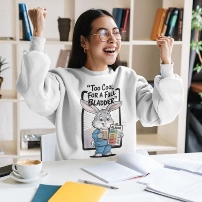 Person wearing a sweatshirt with a cartoon character and text, sitting at a desk.