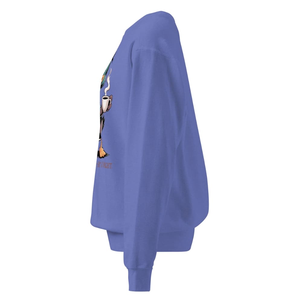 Blue sweatshirt with a graphic design on the sleeve against a white background