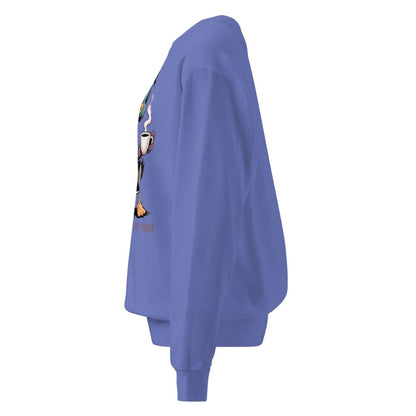 Blue sweatshirt with a graphic design on the sleeve against a white background