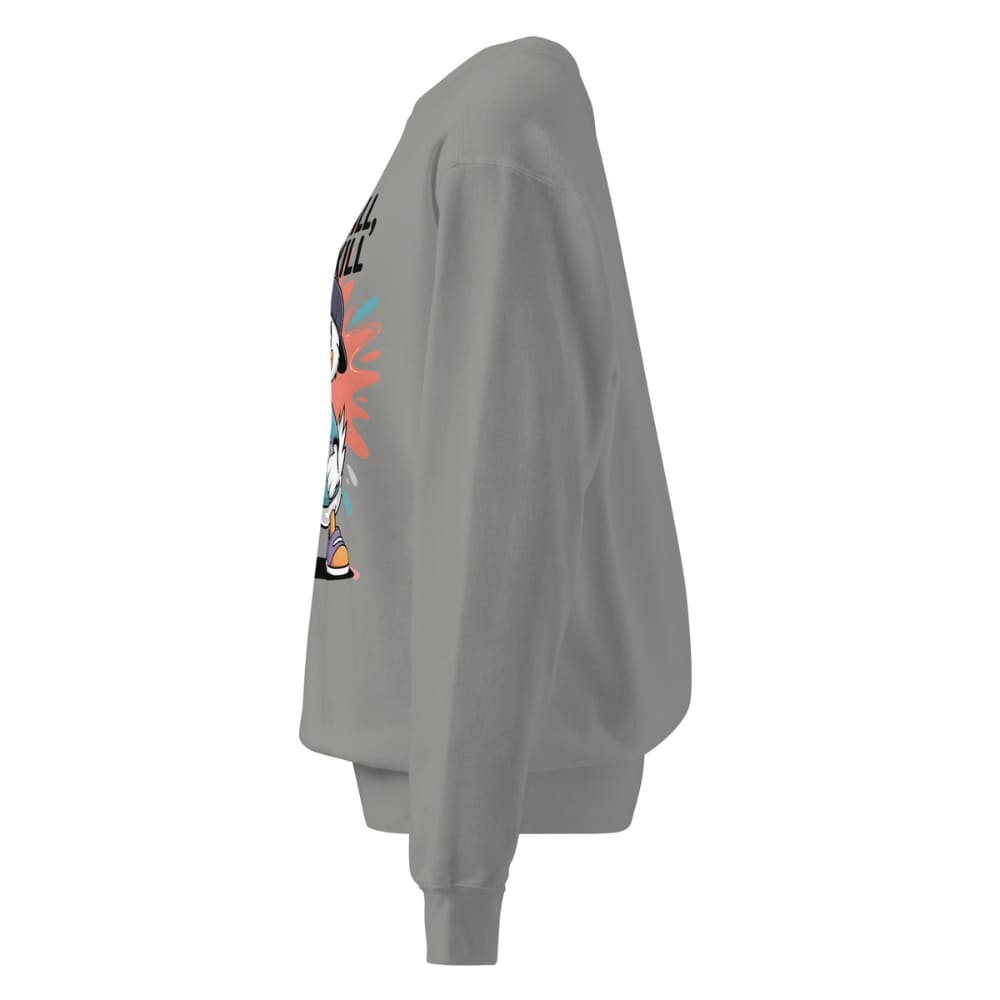 Gray sweatshirt with colorful graphic on the back against a white background