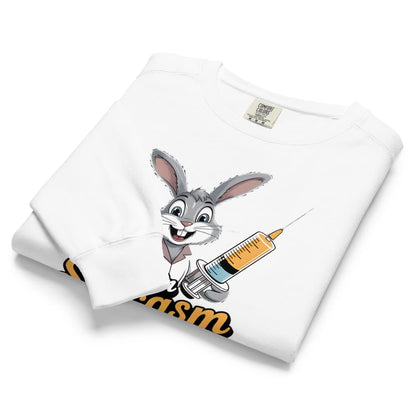 White t-shirt with cartoon character holding a syringe and 'Looney Tunes' branding.