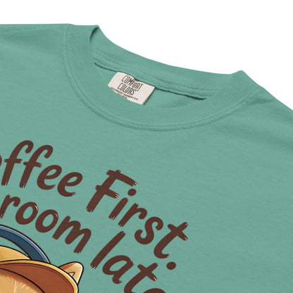 Green t-shirt with text 'Coffee First, room later' and a fox graphic on a white background.