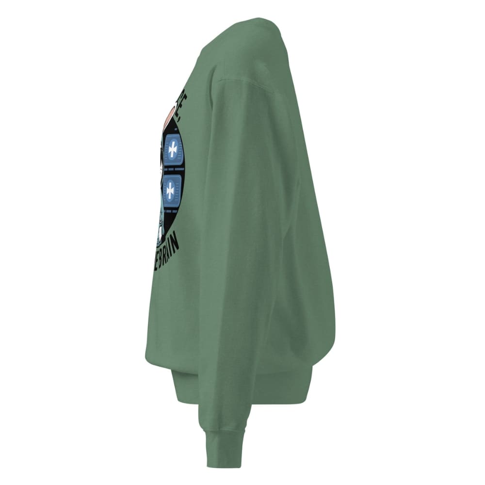 Green sweatshirt with a graphic design on the back against a white background