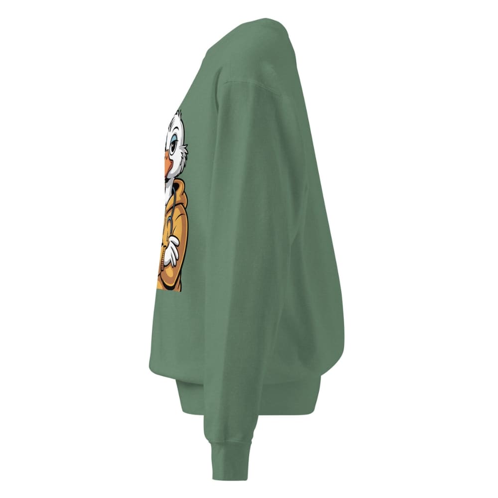 Green sweatshirt with a cartoon character on the chest against a white background