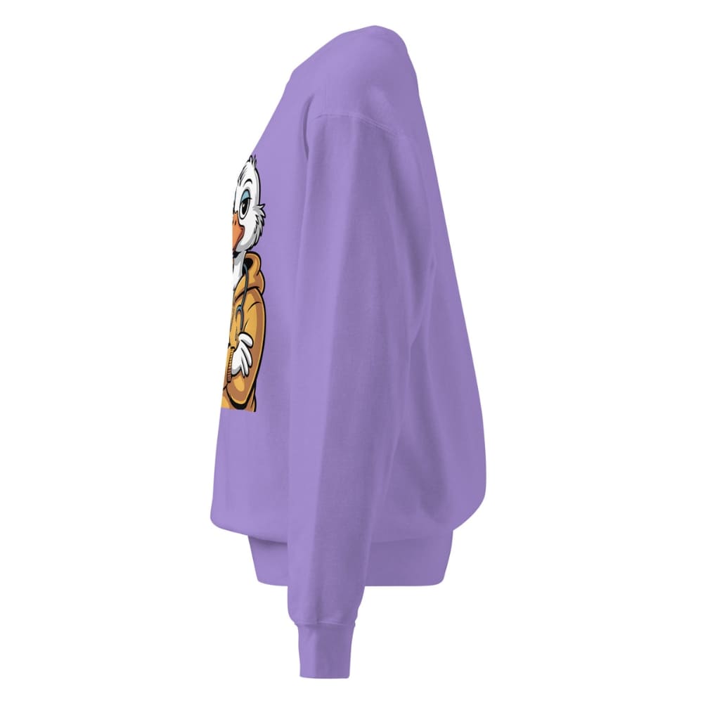 Purple sweatshirt with a cartoon character on the chest against a white background