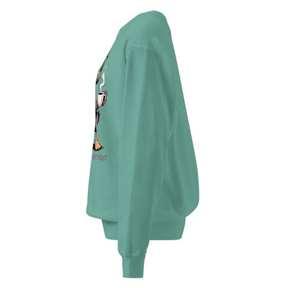 Green sweatshirt with a graphic design on the sleeve against a white background