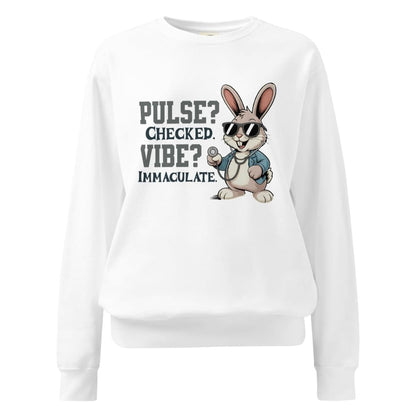 White sweatshirt with cartoon rabbit and text on a white background