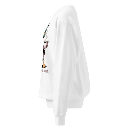 White sweatshirt with graphic design on a white background