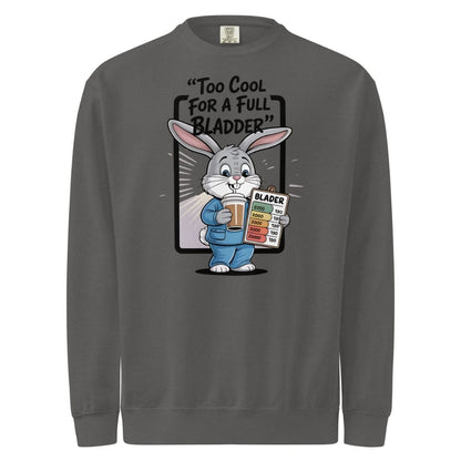 Gray sweatshirt with cartoon character holding a coffee cup and 'bladder' chart, text 'Too Cool for a Full Bladder'.