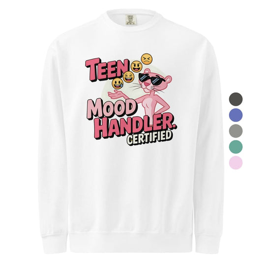 White long-sleeve shirt with 'Teen Mood Handler Certified' graphic and color options on a white background