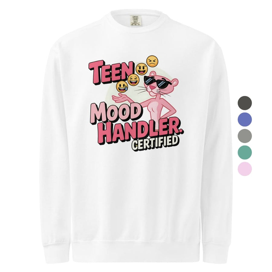 White long-sleeve shirt with 'Teen Mood Handler Certified' graphic and color options on a white background