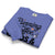 Folded blue sweatshirt with text and graphics on a white background