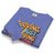 Folded blue sweatshirt with colorful text design on a white background