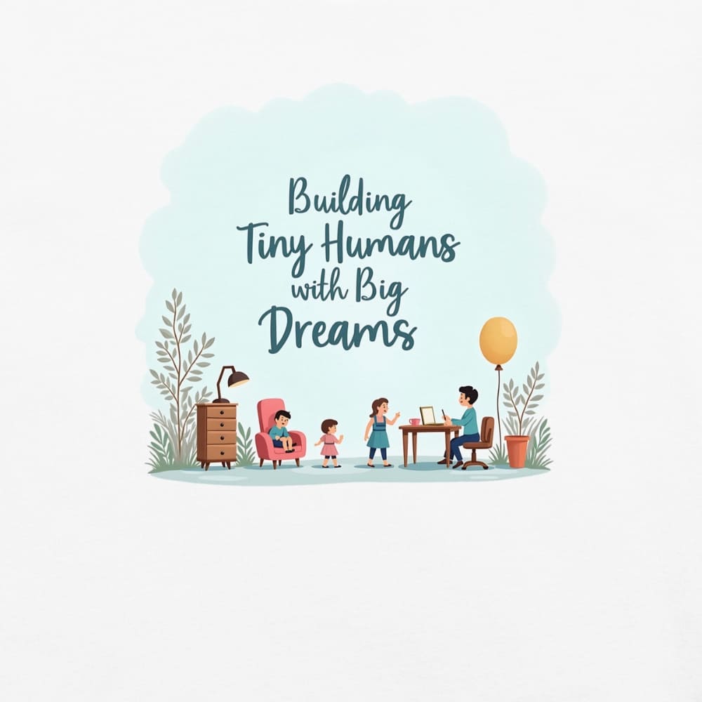 Illustrated t-shirt design with the quote "Building Tiny Humans with Big Dreams" surrounded by a family parenting scene