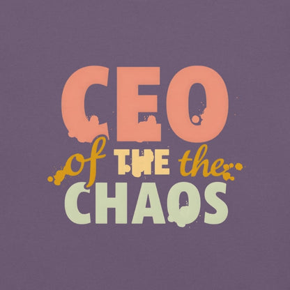 CEO of the Chaos” printed on a heavyweight cotton t-shirt in soft pastel ink, laid flat with a minimal lifestyle background.