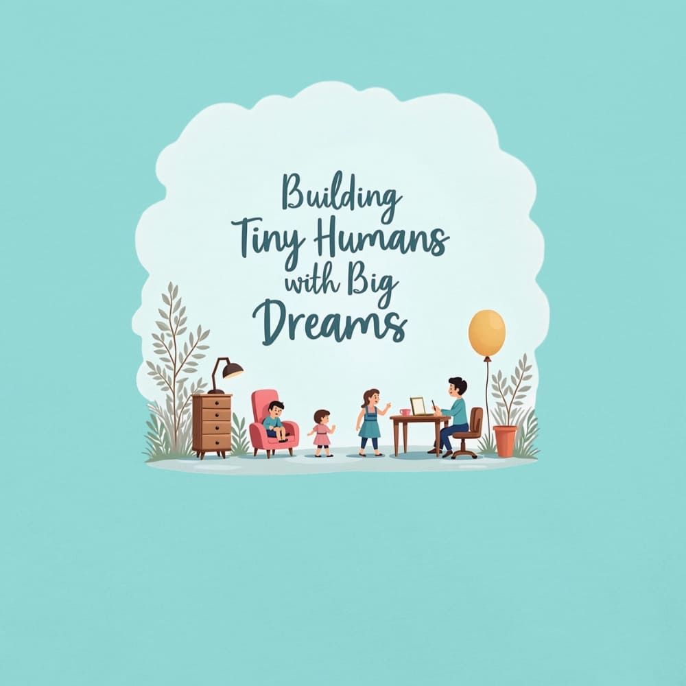 Illustrated t-shirt design with the quote "Building Tiny Humans with Big Dreams" surrounded by a family parenting scene