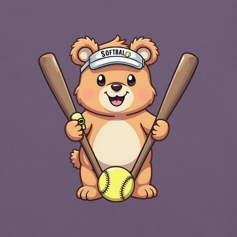 Cartoon bear holding softball bats and ball wearing a visor labeled “Softball” – printed on garment-dyed heavyweight t-shirt for sporty moms