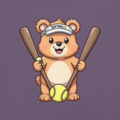 Cartoon bear holding softball bats and ball wearing a visor labeled “Softball” – printed on garment-dyed heavyweight t-shirt for sporty moms