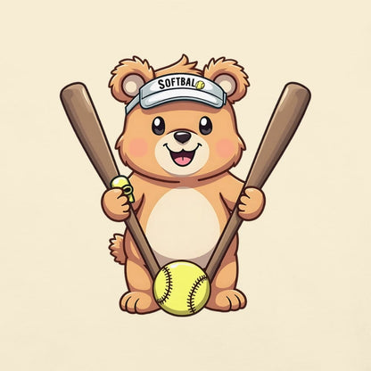 Cartoon bear holding softball bats and ball wearing a visor labeled “Softball” – printed on garment-dyed heavyweight t-shirt for sporty moms