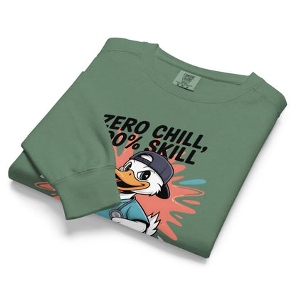 Folded green sweatshirt with cartoon character and text on a white background