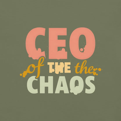 CEO of the Chaos” printed on a heavyweight cotton t-shirt in soft pastel ink, laid flat with a minimal lifestyle background.