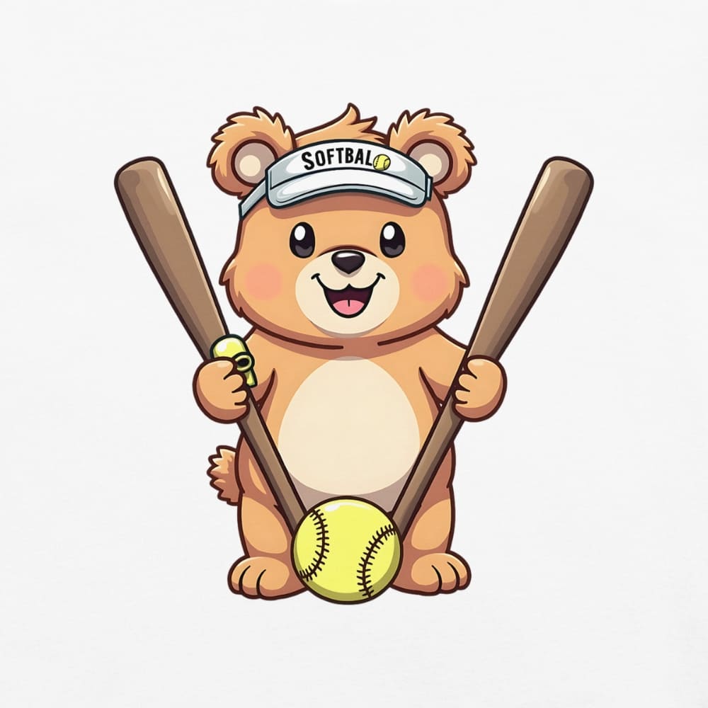Cartoon bear holding softball bats and ball wearing a visor labeled “Softball” – printed on garment-dyed heavyweight t-shirt for sporty moms