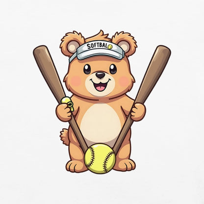 Cartoon bear holding softball bats and ball wearing a visor labeled “Softball” – printed on garment-dyed heavyweight t-shirt for sporty moms