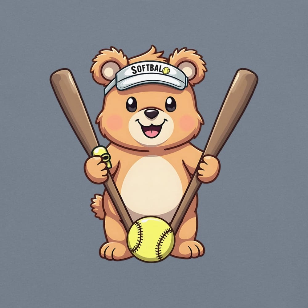 Cartoon bear holding softball bats and ball wearing a visor labeled “Softball” – printed on garment-dyed heavyweight t-shirt for sporty moms