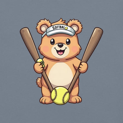 Cartoon bear holding softball bats and ball wearing a visor labeled “Softball” – printed on garment-dyed heavyweight t-shirt for sporty moms