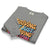 Folded gray sweatshirt with colorful text design on a white background