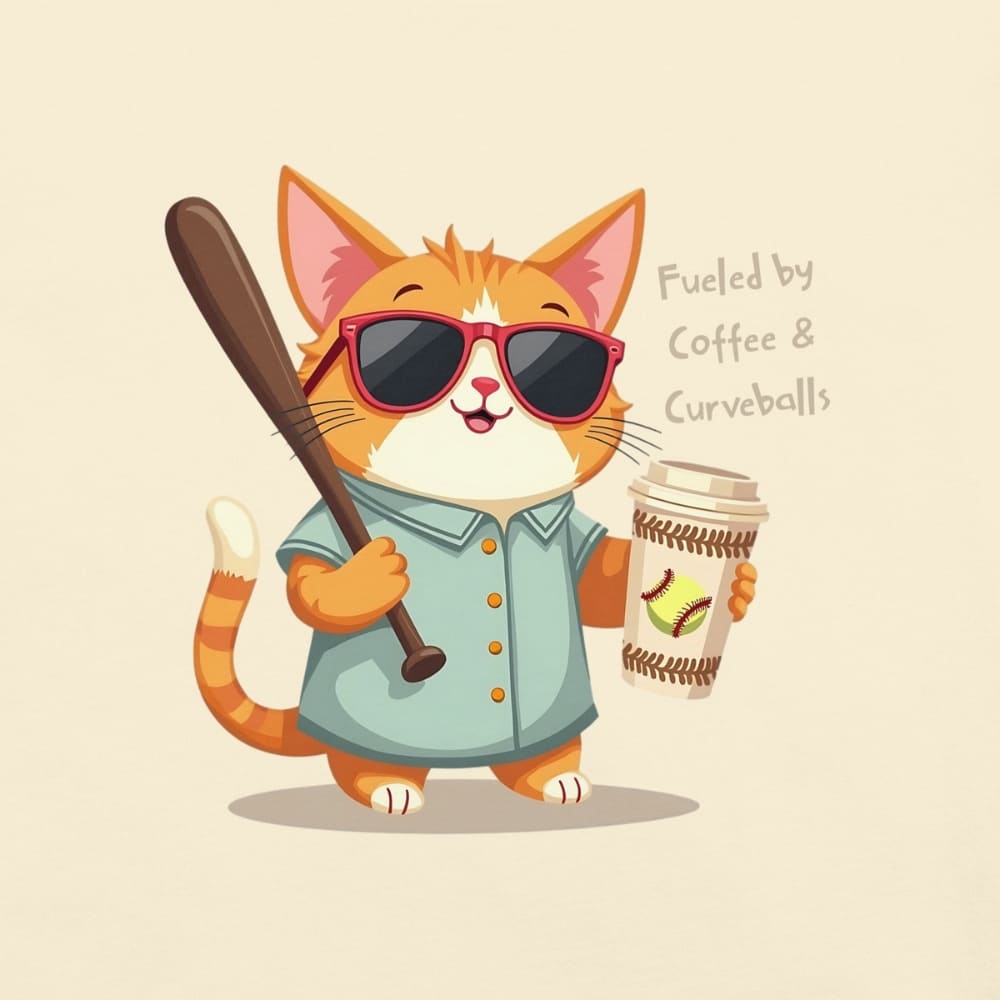Cool cat with sunglasses holding a softball bat and coffee cup, beside text “Fueled by Coffee & Curveballs” – printed on soft heavyweight t-shirt for sporty moms