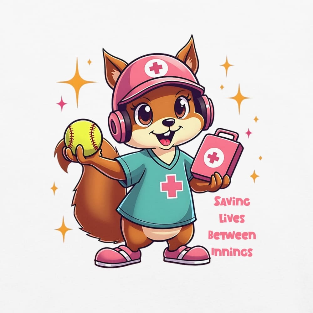 Cute squirrel nurse cartoon in scrubs, pink cap, and headset holding a softball and medical kit with the phrase “Saving Lives Between Innings” — printed on a heavyweight cotton t-shirt