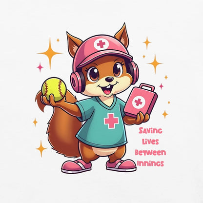 Cute squirrel nurse cartoon in scrubs, pink cap, and headset holding a softball and medical kit with the phrase “Saving Lives Between Innings” — printed on a heavyweight cotton t-shirt