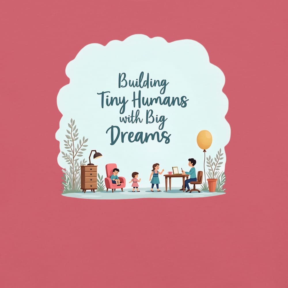 Illustrated t-shirt design with the quote "Building Tiny Humans with Big Dreams" surrounded by a family parenting scene