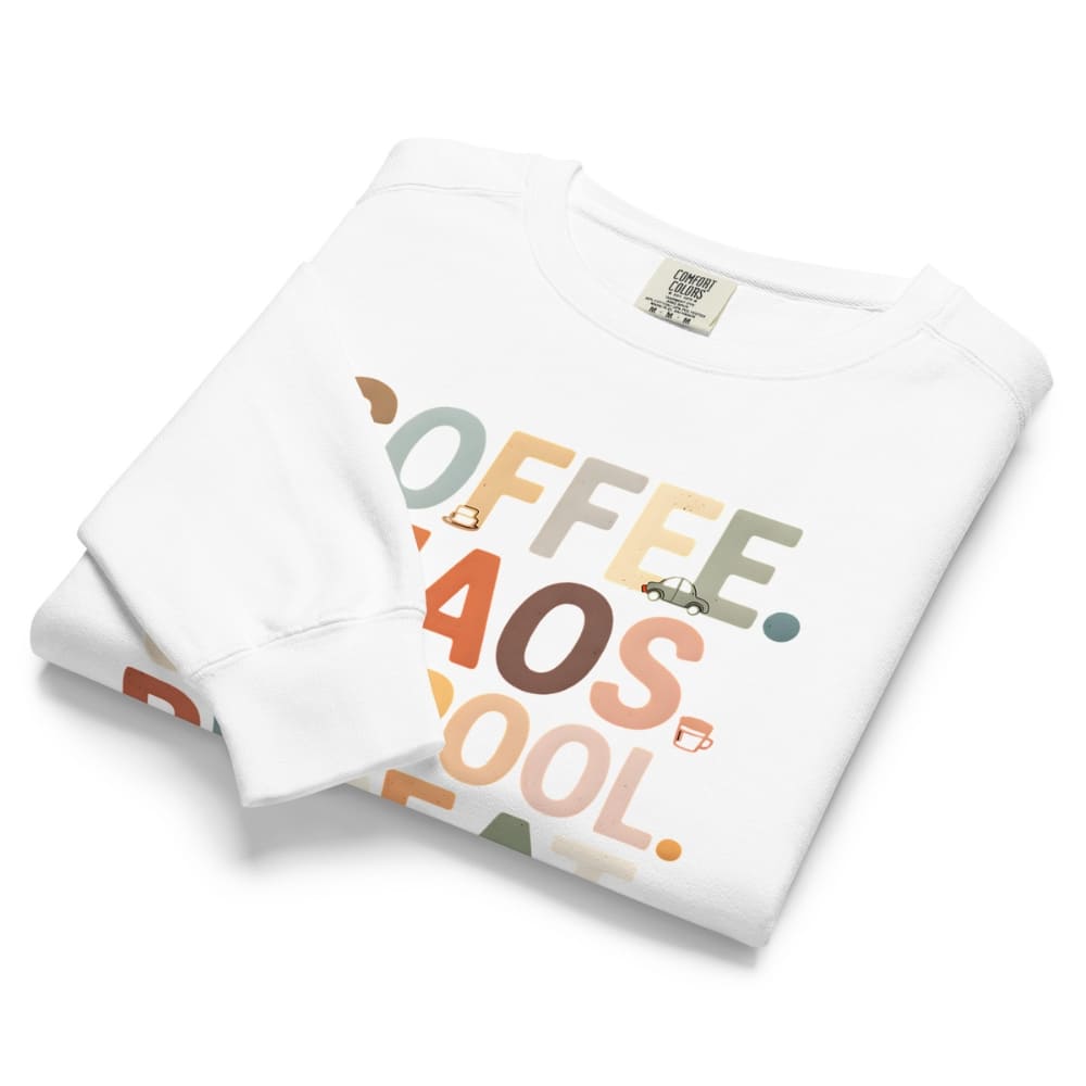 White sweatshirt with colorful text design on a white background