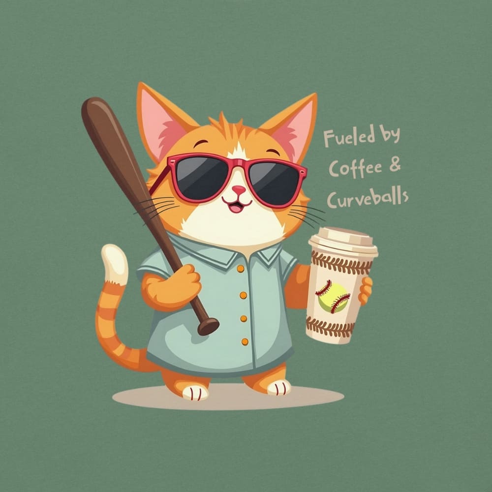Cool cat with sunglasses holding a softball bat and coffee cup, beside text “Fueled by Coffee & Curveballs” – printed on soft heavyweight t-shirt for sporty moms
